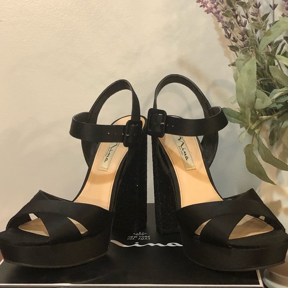 Nina Chunky Heels 9 Glitter and Black Satin - Picture 2 of 4